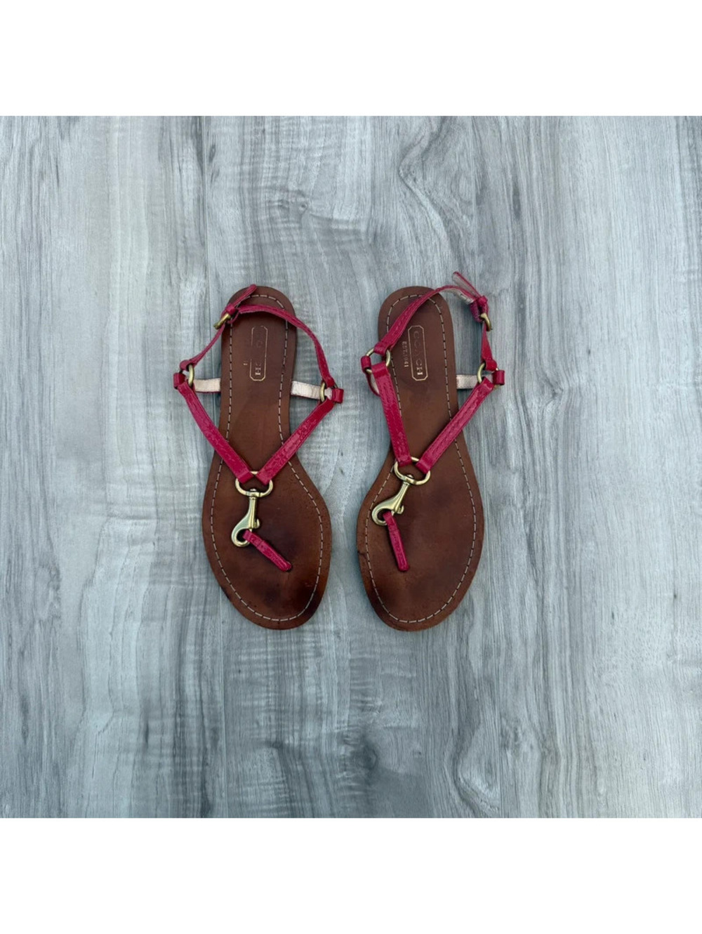 Coach pink and tan leather flat thong sandals